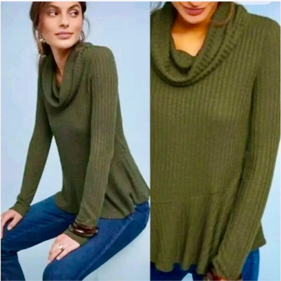 MAEVE by Anthropologie Women's Olive Cowl Neck Ribbed Peplum Sweater - Picture 1 of 4